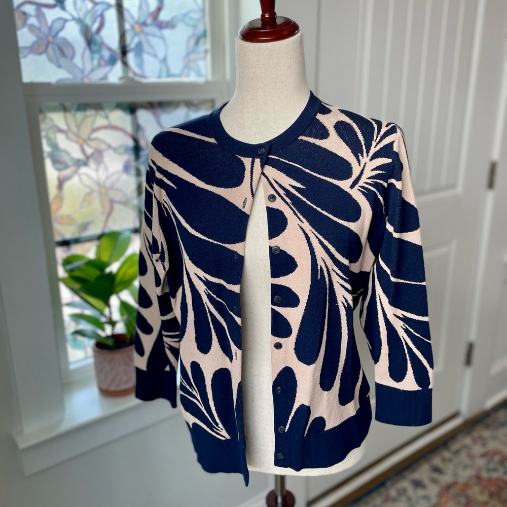 Ann Taylor Sweater Women's Blue Cream Floral Leaf Cardigan Soft Safari - Size L